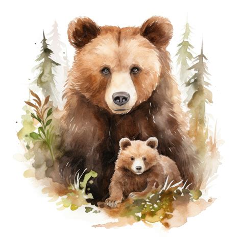 A drawing of a bear and cub in the woods. | Premium AI-generated image