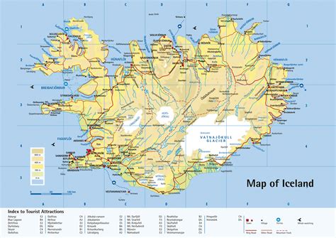 Mapa físico detallado grande de Islandia con carreteras, ciudades y atracciones turísticas ...