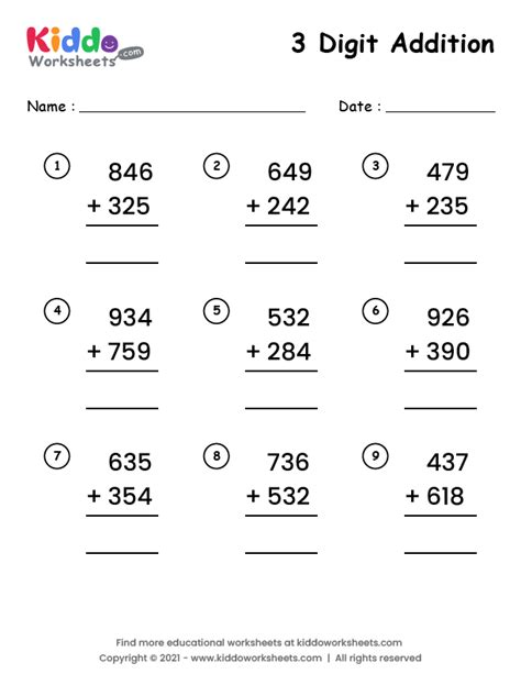 Free Printable 3 Digit Addition Worksheet Worksheet - kiddoworksheets