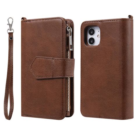 iPhone 12 Zipper Wallet Magnetic Detachable 2 in 1 Case Brown | Leather ...