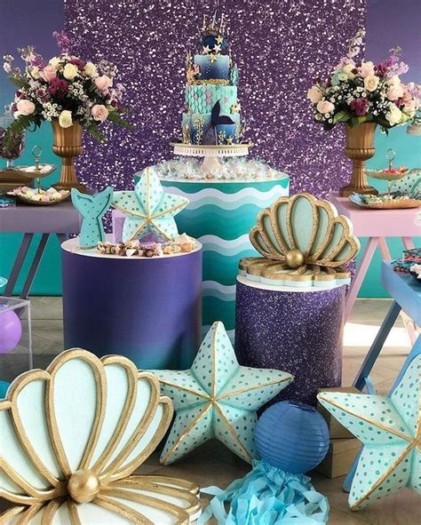 mermaid-baby-shower-ideas-three-tier-cake-purple-turquoise-decorations-large-flower-bouquets ...