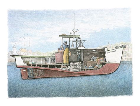 This is a print of my drawing of a small New England lobster boat in the downeast style, with ...