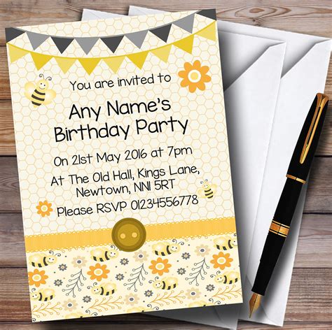 Yellow And Black Cute Bumble Bee Honeycomb Children's Kids Party Personalised Invitations - The ...