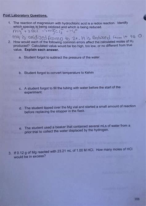 Solved 1. The reaction of magnesium with hydrochloric acid | Chegg.com