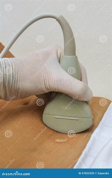 Abdominal Ultrasound Convex Probe in Left Hand Scanning Female Stomach Stock Photo - Image of ...