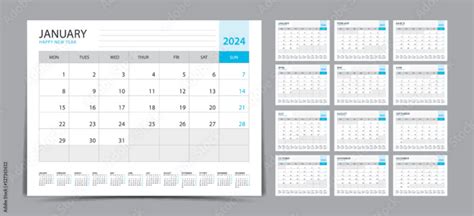 Fototapeta Desk calendar 2024 Set, Monthly calendar template for 2024 year. Week Starts on ...