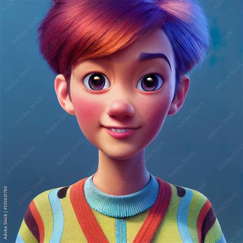 Short haired young woman, graphic designer. Cartoon big eyed close up portrait. Animated movie ...