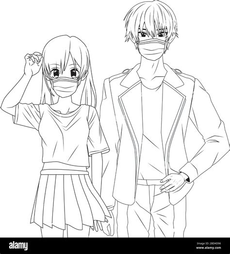 young couple using face masks anime characters Stock Vector Image & Art ...