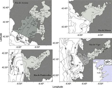 Map of the Galician Rías Baixas (NW Spain) showing the position of the... | Download Scientific ...