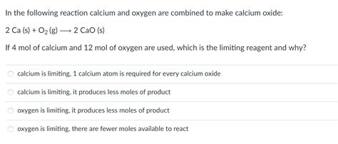 Solved In the following reaction calcium and oxygen are | Chegg.com