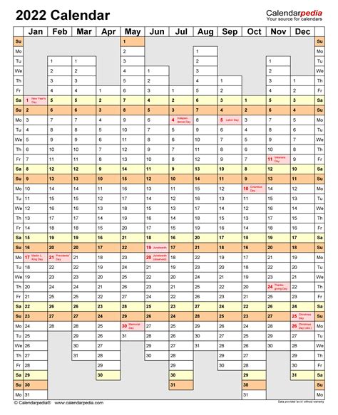 2022 Yearly Calendar Excel