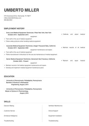 Medical Equipment Technician Resume Sample & Tips | Online Resume Builder