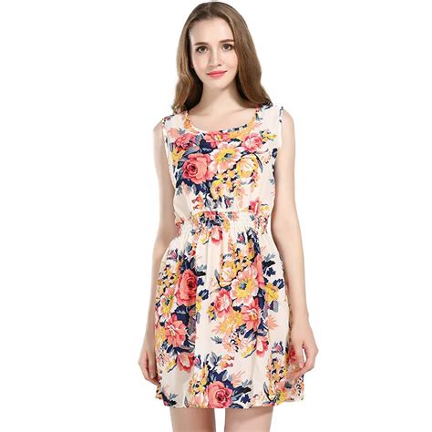 Floral Sleeveless One piece Dress Women O neck Flower Print Chiffon ...