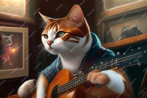 Free AI Image | A cat playing a guitar is shown in this illustration.