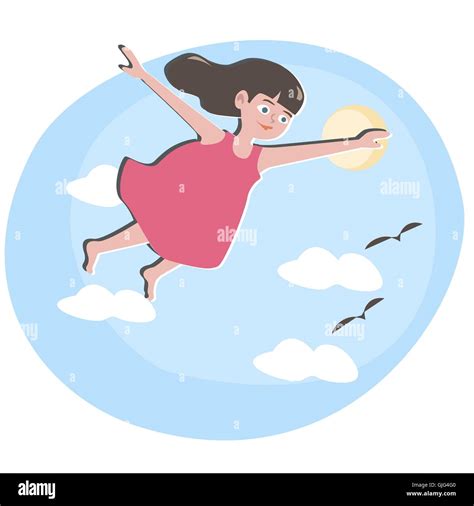 small girl flying in blue sky - cute cartoon illustration Stock Vector ...