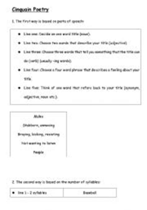 English worksheets: Cinquain poetry