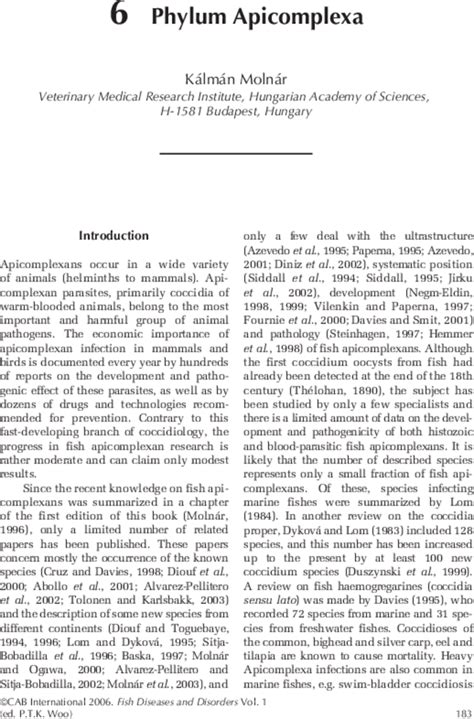 Phylum Apicomplexa. | Fish diseases and disorders. Volume 1: protozoan and metazoan infections