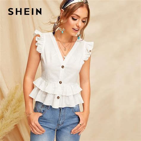 SHEIN Button Front Layered Ruffle Trim Sleeveless White Blouse Ladies Tops Summer Casual V Neck ...