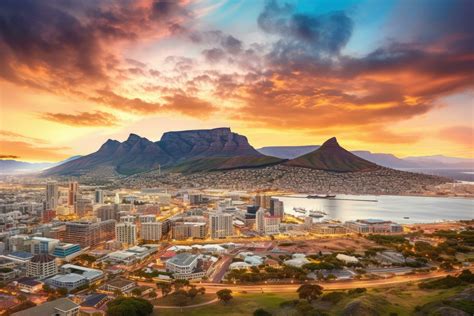 Sunset over Table Mountain and downtown Cape Town, South Africa. Aerial ...