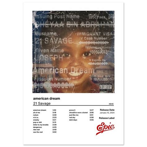 21 Savage American Dream Poster American Dream Album Cover Poster Tracklist Series - Etsy