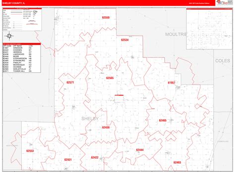 Shelby County, IL Zip Code Wall Map Red Line Style by MarketMAPS - MapSales