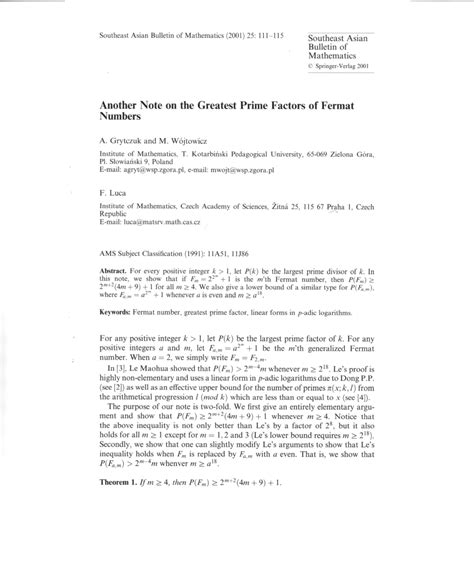 (PDF) Another Note on the Greatest Prime Factors of Fermat Numbers