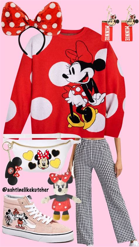 a woman wearing mickey mouse sweater, pants and sneakers with minnie ...