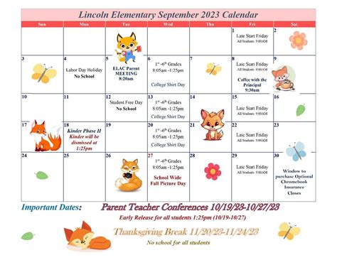 Lincoln Elementary September Calendar | Lincoln Elementary School