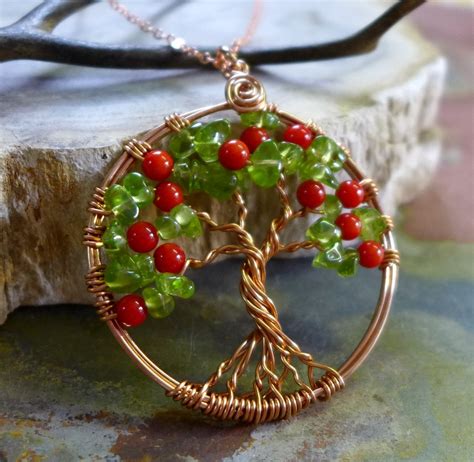 Tree of Life Pendant Necklace- Fruit Tree of life pendant-Wire Wrapped Peridot/ Coral Fruit ...