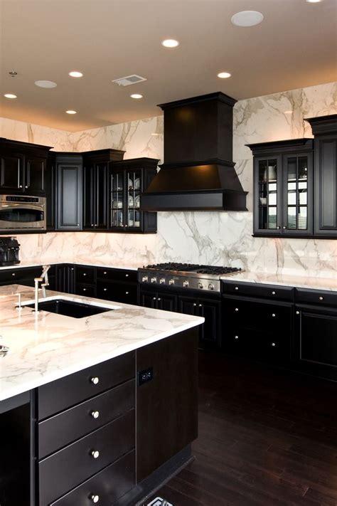 Dark Black Cabinets Hardwood Floor White Carrara Marble Countertops Full Height Backsplash ...