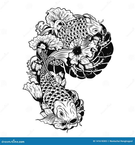 Carp Fish with Lotus Vector Tattoo by Hand Drawing Stock Vector - Illustration of carp ...