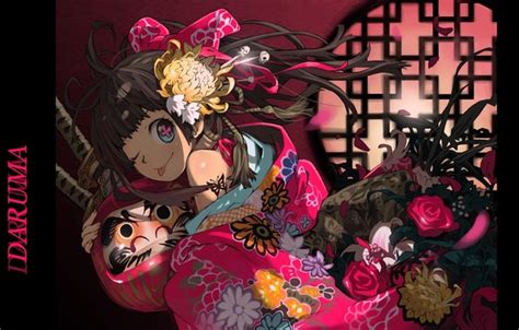 Wallpaper katana, girl, kimono, chrysanthemum, the hilt of the sword ...