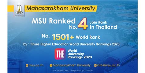 MSU has been nationally ranked no.4 in Thailand and no. 1501+ in the world ranking – msu.ac.th ...