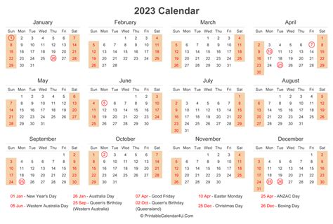 2023 Calendar With Australia Holidays At Bottom Landscape Layout ...