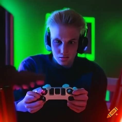 Blonde man in a gamer room holding xbox controller on Craiyon