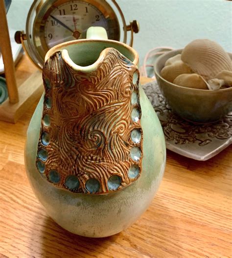 Original Textured Ceramic Pitcher in Soft Blue Green