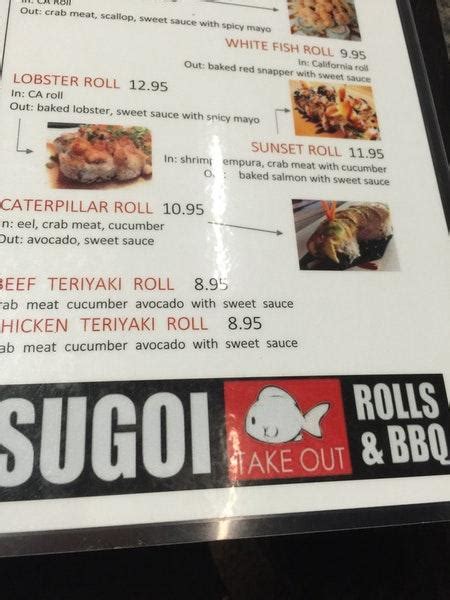 Menu at Sugoi Sushi restaurant, Los Banos