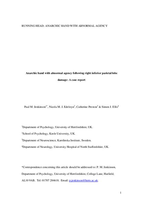 (PDF) Anarchic hand with abnormal agency following right inferior parietal lobe damage: a case ...