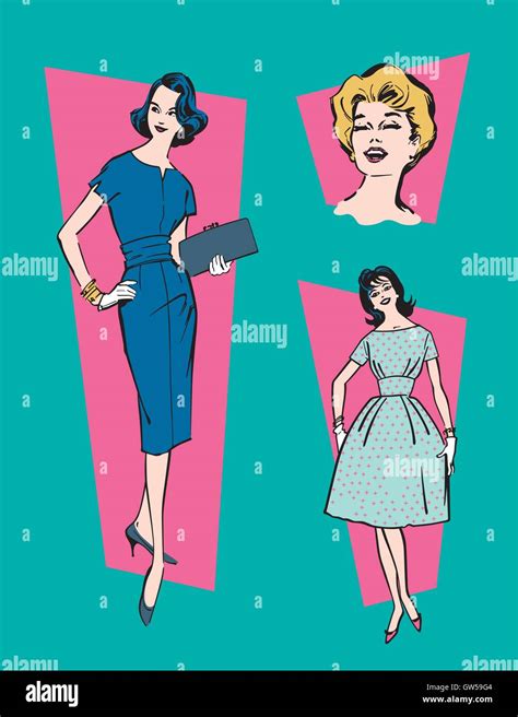 Retro 1950s Women vector illustration. Vintage style illustrations of 3 classic women and cool ...