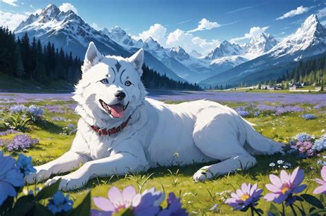 Premium Photo | A cute cartoon white fluffy dog lies on a meadow ...