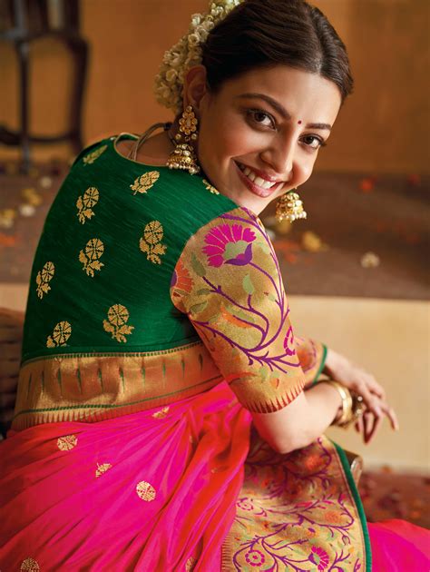 Kajal Aggarwal Hot Pink Silk Traditional Woven Saree with Zari Gold Floral Border and Pallu in ...