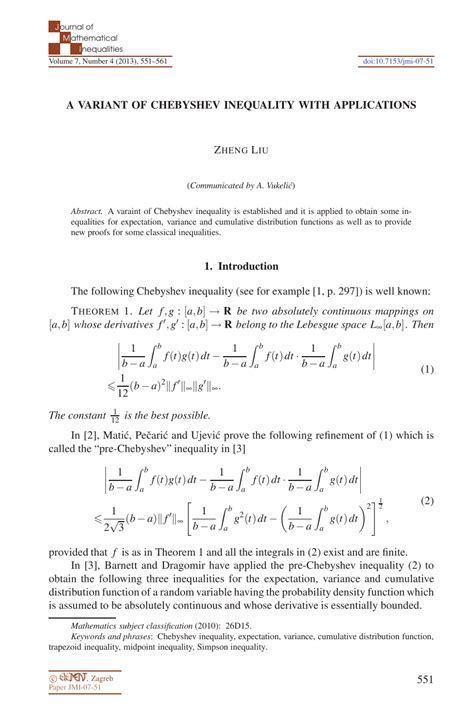 (PDF) A variant of Chebyshev inequality with applications