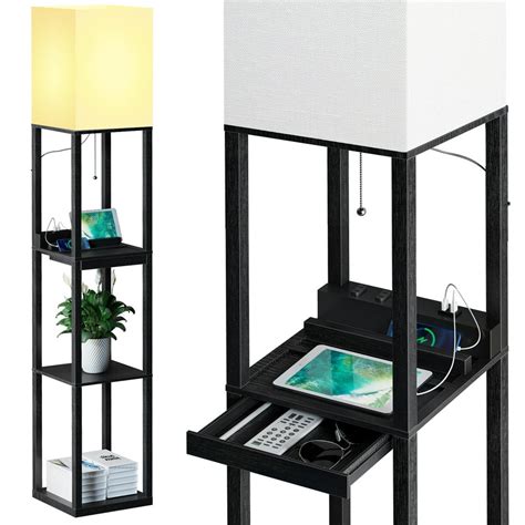 SUNMORY Black Modern Floor Lamp with Shelves, Dimmable Solid Wood Standing Lamp Both with One ...