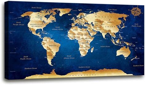 Buy Wall Art Blue map of The World Painting Ready to Hang -24" x 48" Pieces Large Framed Wall ...