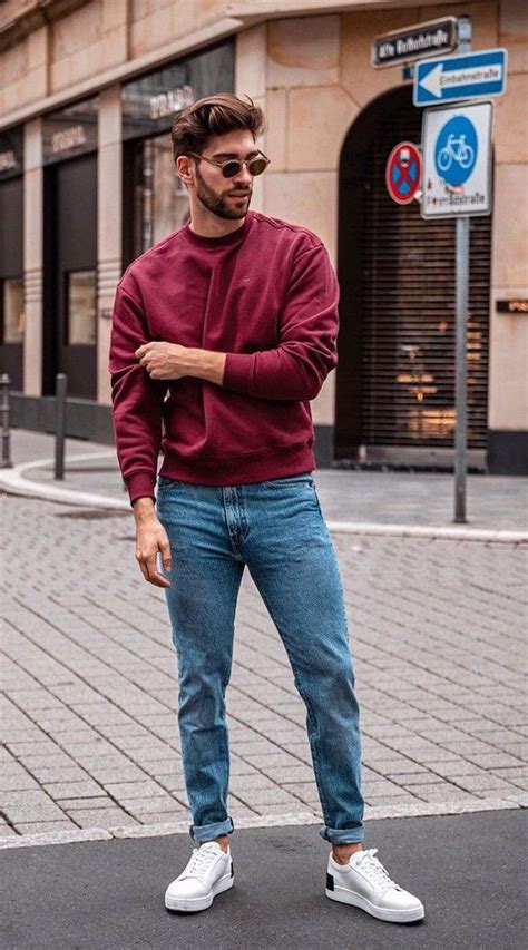 Light Blue Jeans, Fashion Ideas With Red Sweatshirt, Men Outfit ...