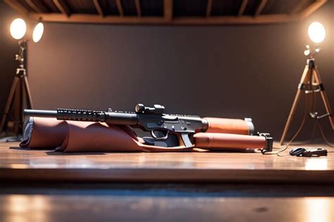 Premium Photo | A gun on a table with a light behind it