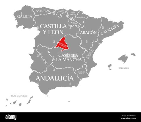 Community of Madrid red highlighted in map of Spain Stock Photo - Alamy