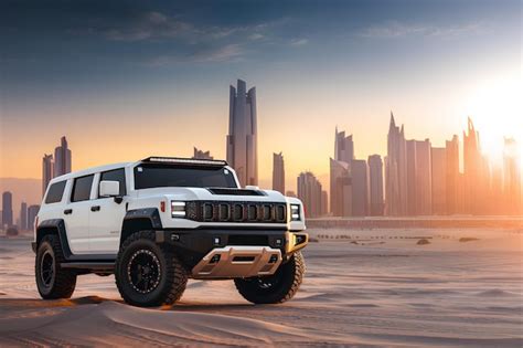 Premium AI Image | Hummer 2023 in the desert with City of Dubai