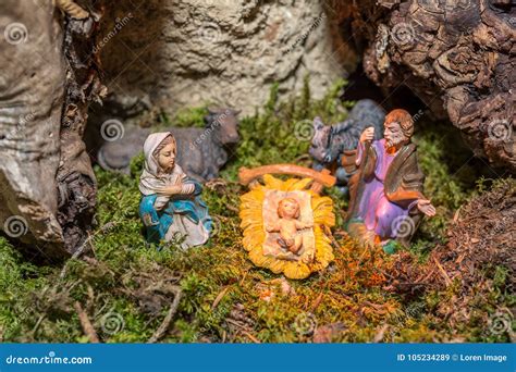 Statuettes Of Baby Jesus In The Traditional Nativity Scene Stock ...