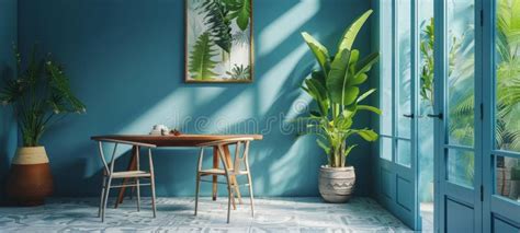 Elegant Small Dining Room with Blue Wall, Modern Table with Two Chairs, Lots of Green Plants ...
